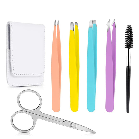 6Pcs Eyebrow Tweezers Set with Case Eyebrow Scissors Eyelash Brush Hair Removal Tweezers Point Slant Flat Tip Lash Clip Set