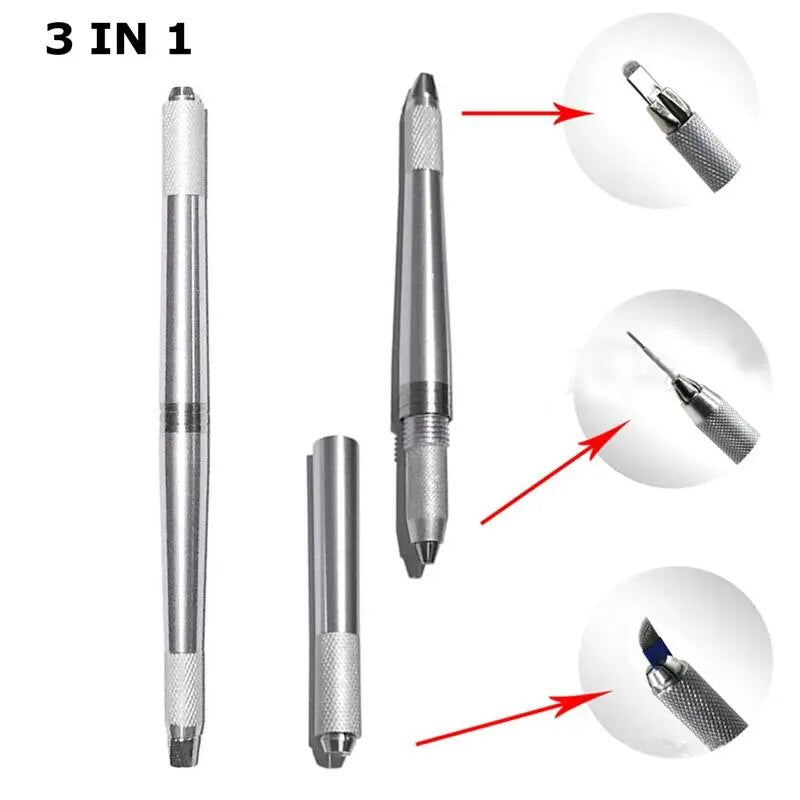 3 In 1 3D Eyebrow Tattoo Pen Machine Professional Tebori Microblading Pen Eyebrow Permanent Makeup Machine Silver Manual